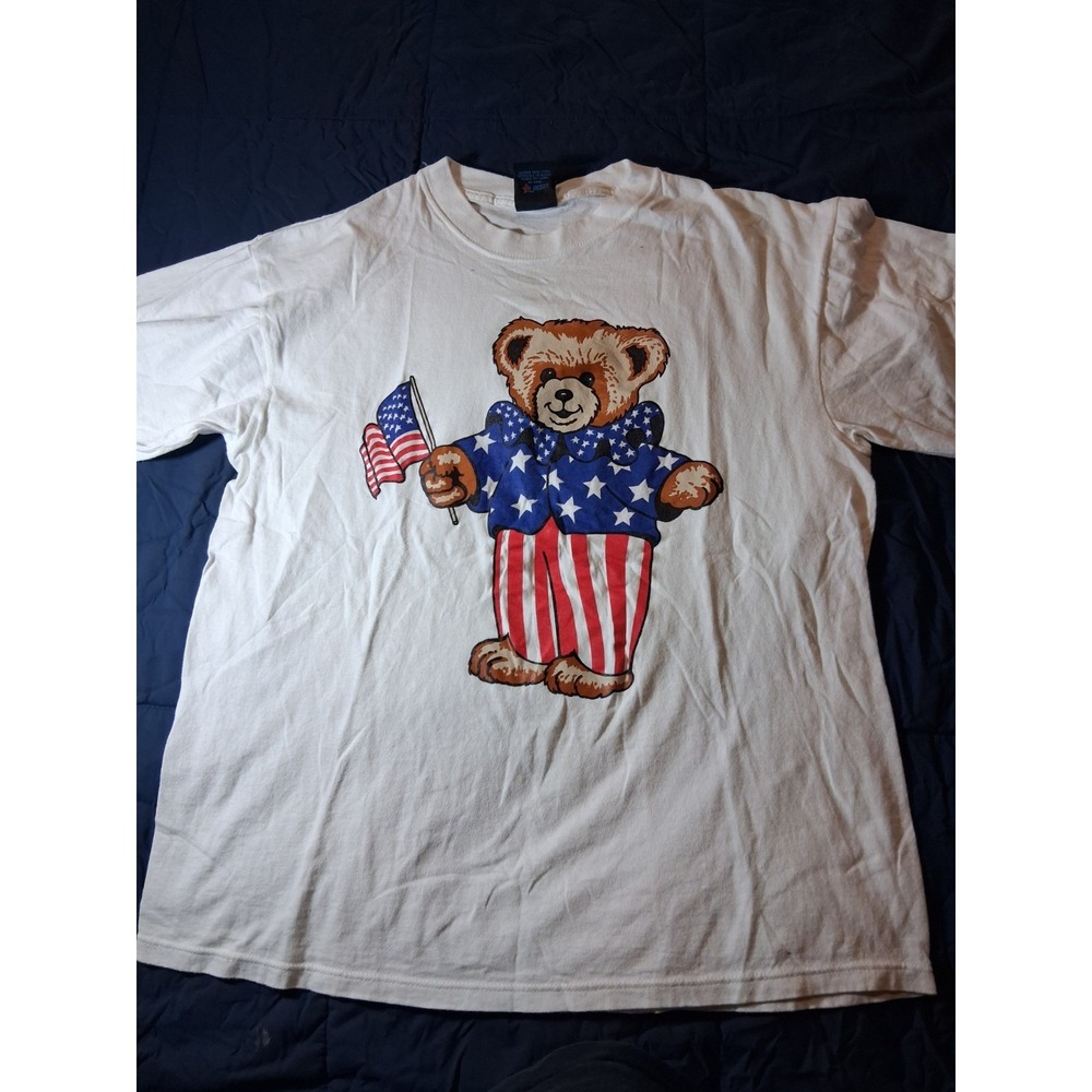 Vintage USA Bear Shirt Red White Blue American Flag Tee Size Large Single Stitch